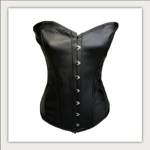 WOMENS 👩SEXY FAUX LEATHER BLACK CORSET &THONG SET